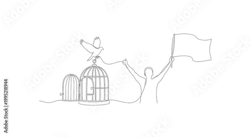 Freedom concept: Person releasing bird from cage, holding flag, continuous line drawing