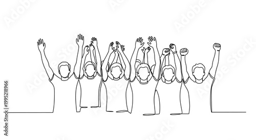 Group of people cheering with raised hands, continuous line art illustration