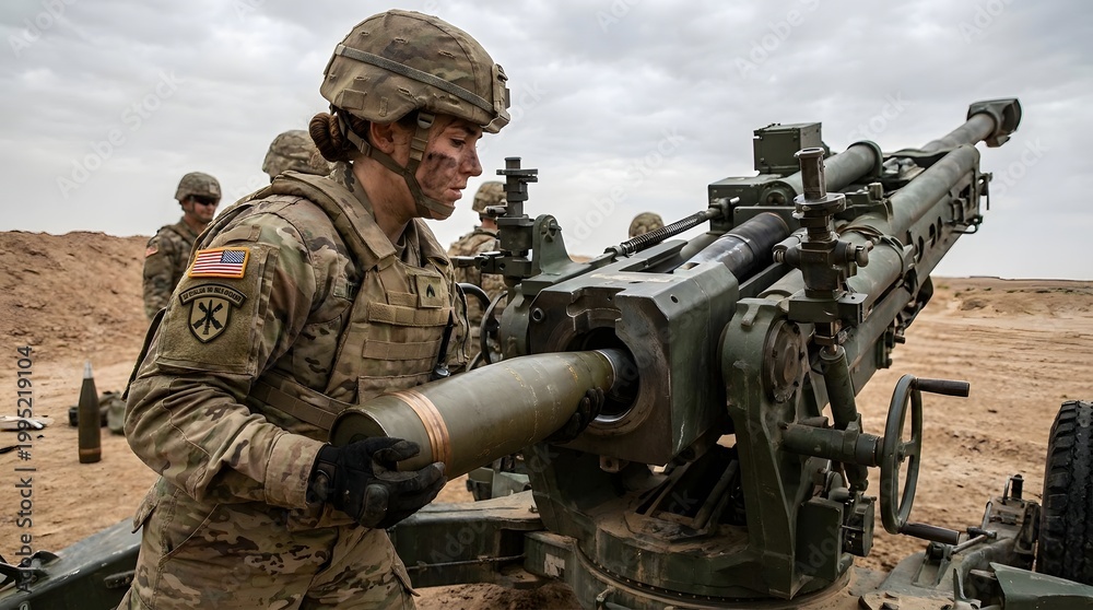 Fototapeta premium Soldier Loading Artillery Shell in Military Operation Environment