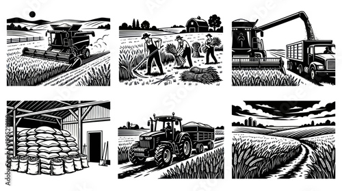 Black and White Line Art of Farm Harvest with Combine, Tractor, and Hay