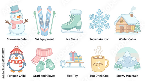 Cute Winter Season Flat Vector Illustration Set: Snowman, Penguin, Ski, Cabin, Hot Drink
