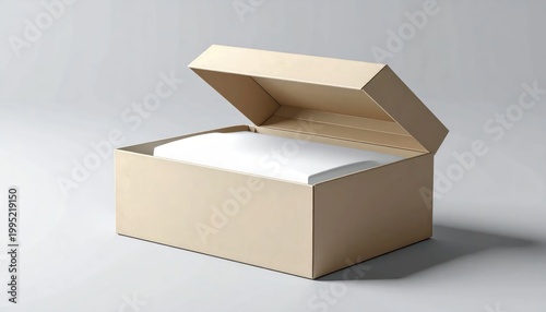 Open Cardboard Box with White Contents on a Light Gray Background.