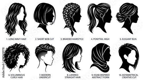 Black  White Vector Silhouettes: Diverse Female Hairstyles  Haircuts for Beauty  Fashion