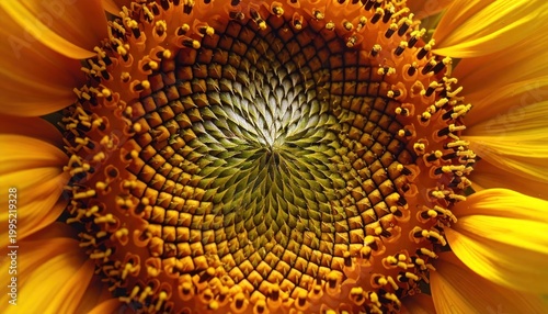 Macro View of Sunflower Seed Head and Petals.