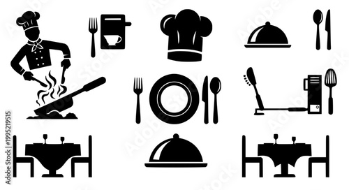 Restaurant Kitchen Silhouette Icon Collection Food Chef Dining Vector Illustration Set