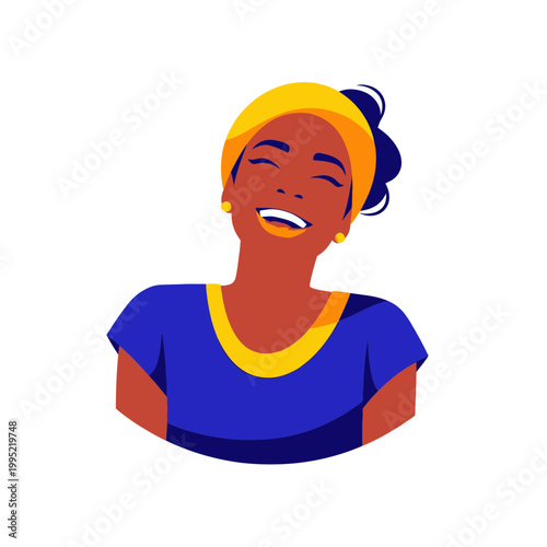 Joyful Black Woman Laughing Wearing Yellow Headband and Blue Shirt, Isolated