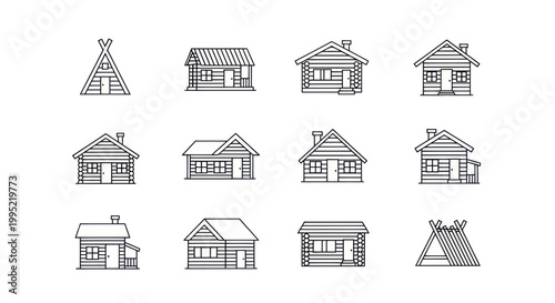 Log Cabin Collection: Hand-Drawn Icons of Rustic Dwellings