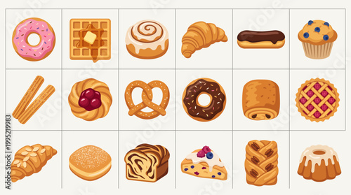 Collection of assorted bakery and sweet pastry treats for cafe menu design, vector illustration.