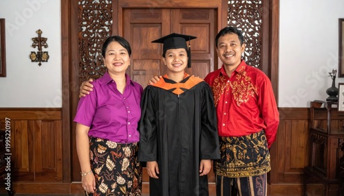 Proud Asian Family Celebrates Graduation with Daughter in Cap and Gown.