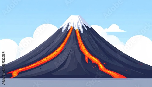 Illustration of a Volcano Erupting with Lava Flowing Downhill.