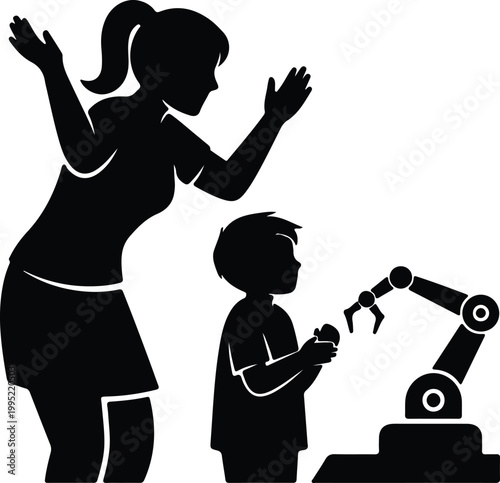 Silhouette mother and son learning robotics with a mechanical arm vector design