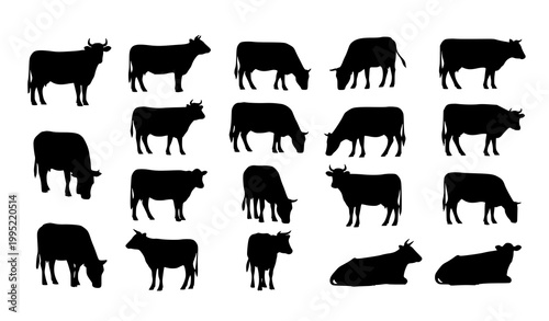 Cow silhouette collection with multiple poses and viewing angles in grid layout vector