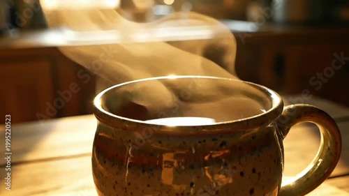 A close-up shot of a rustic ceramic mug emitting warm, fragrant steam, highlighting a comforting hot beverage on a wooden surface, evoking a sense of calm and relaxation