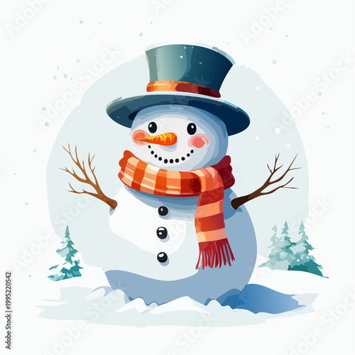 水彩画で描かれた雪だるまのイラスト