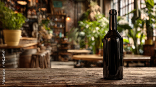Empty black wine bottle mockup on wooden table in cozy rustic bar with warm lighting and green plants
