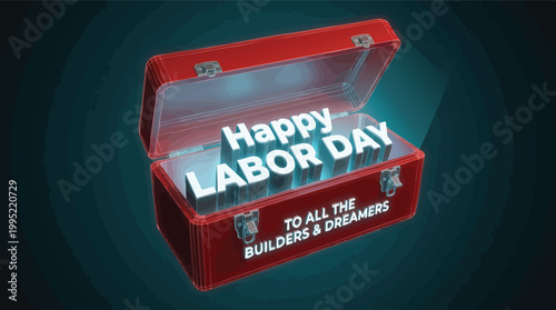 3D illustration of an open red toolbox with glowing Happy Labor Day text inside, celebrating builders and dreamers on a dark background.