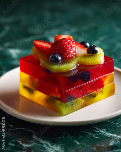 Colorful layered fruit jelly dessert with fresh strawberries, kiwi, and blueberries on white plate, creating vibrant and refreshing treat