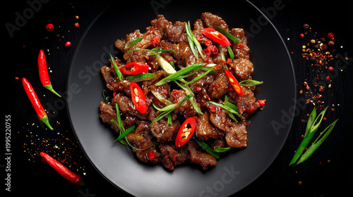 Spicy fried meat with sliced red chili and green onion on black plate, garnished with chili flakes, creating vibrant and appetizing dish