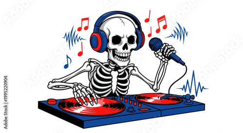 Skeleton DJ with Headphones and Microphone Playing Music on Turntables