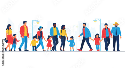 Diverse Families Walking Together on City Street, Diverse People, Urban Life Illustration