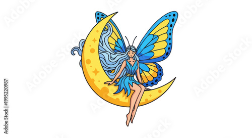 Dreamy Butterfly Fairy on Crescent Moon, Enchanting Fantasy Illustration