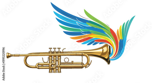 Golden Trumpet with Colorful Wings, Music Symbolizing Freedom and Creativity