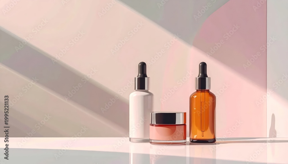 Naklejka premium Minimalist Skincare Bottles and Jar on a Pastel Background with Light Shadows.