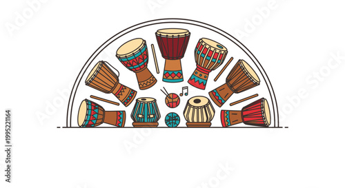 Colorful Drums and Percussion Instruments Display.