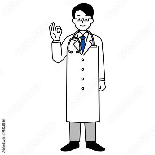 OKサインをする医師の男性（全身）