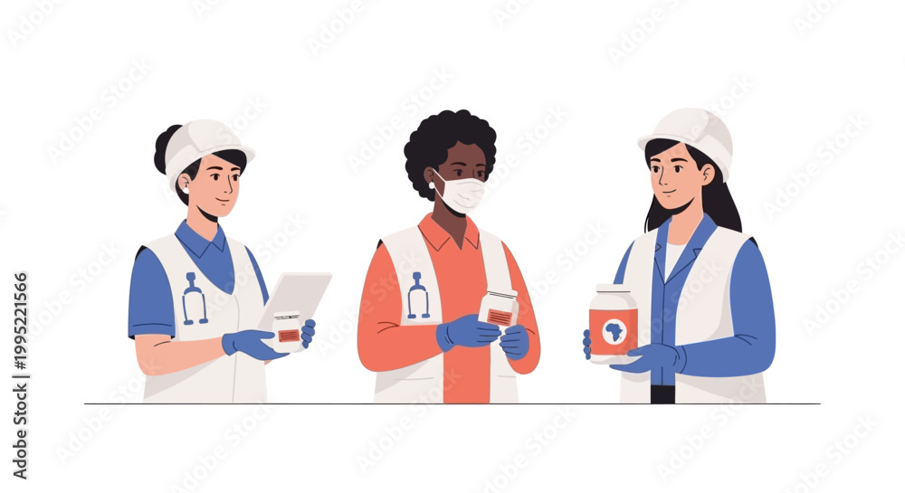 Fototapeta premium Three diverse healthcare workers in protective uniforms handling medical supplies. EPS Editable. Vector Illustrations.