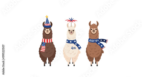 Three cute llamas celebrating American Independence Day with patriotic accessories. EPS Editable. Vector Illustrations.