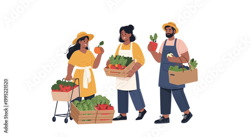 Three Diverse Farmers Holding Wooden Crates Full of Fresh Organic Vegetables Illustration. EPS Editable. Vector Illustrations.