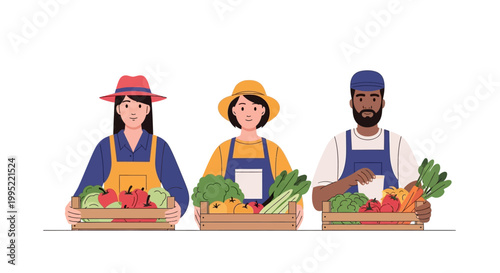 Three diverse farmers holding wooden crates filled with fresh vegetables and fruits. EPS Editable. Vector Illustrations.