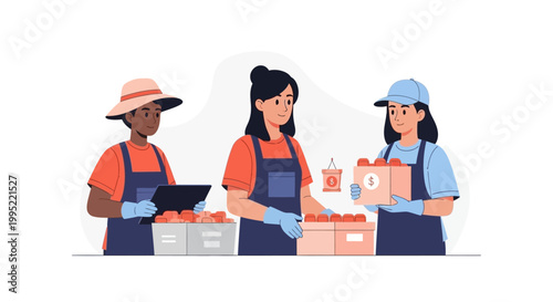 Three Diverse Female Farm Workers Packing Fresh Harvested Produce Into Crates. EPS Editable. Vector Illustrations.
