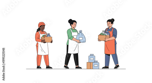 Three diverse female volunteers holding food donations and grocery boxes. EPS Editable. Vector Illustrations.