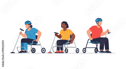 Three diverse people with disabilities using specialized sports wheelchairs and poles for racing or fitness. EPS Editable. Vector Illustrations.