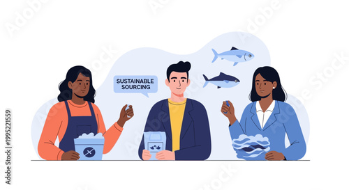Three diverse people discussing sustainable seafood sourcing and ethical fishing practices. EPS Editable. Vector Illustrations.