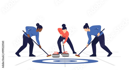 Three diverse women playing curling sport on ice rink. EPS Editable. Vector Illustrations.