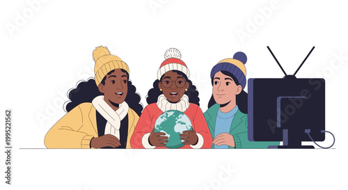 Three diverse students in winter hats studying with a globe and monitor. EPS Editable. Vector Illustrations.