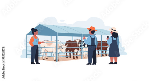 Three farmers standing by a livestock shed with cows inside a metal enclosure. EPS Editable. Vector Illustrations.