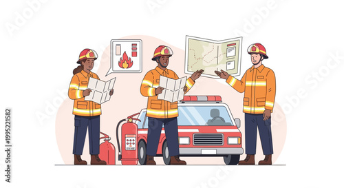 Three firefighters in uniform planning with blueprints and fire engine. EPS Editable. Vector Illustrations.