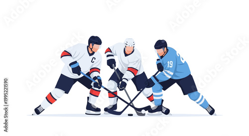Three ice hockey players competing for the puck in a faceoff. EPS Editable. Vector Illustrations.