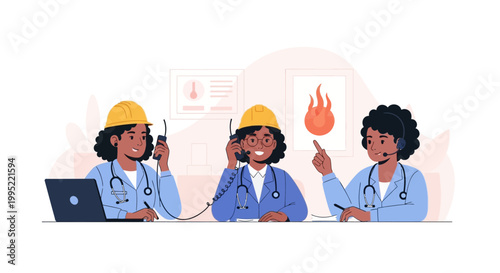 Three female fire safety emergency dispatchers working in a control room. EPS Editable. Vector Illustrations.