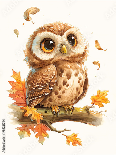 Cute Owl Perched on Autumn Branch Illustration, Whimsical Woodland Bird with Fall Leaves, Children's Book Storybook Art Concept