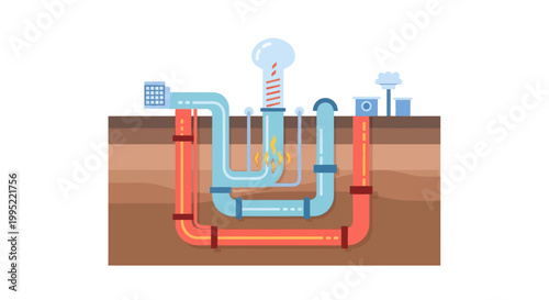Underground plumbing system diagram showing cross section of water pipes and drainage. EPS Editable. Vector Illustrations.