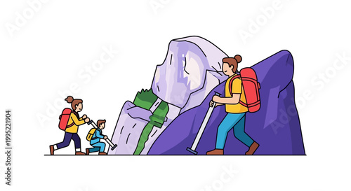 Adventurous Hikers Climbing Mountain with Backpacks and Hiking Poles.