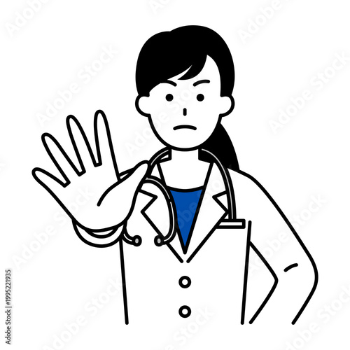 右手を突き出して制する医師の女性