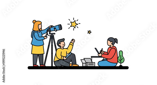 Astronomers Observing Celestial Bodies Through Telescope and Recording Data.