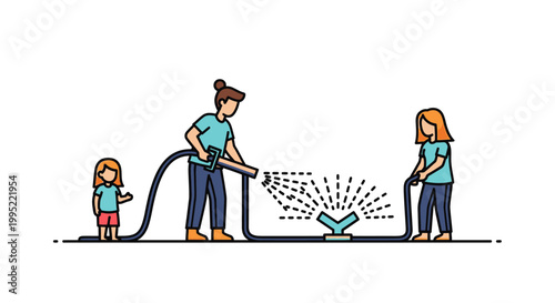 Family Watering Lawn Together with Sprinkler System on Sunny Day.