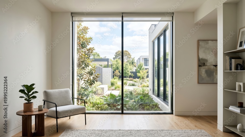 Fototapeta premium Minimal living room facing courtyard garden through glass doors